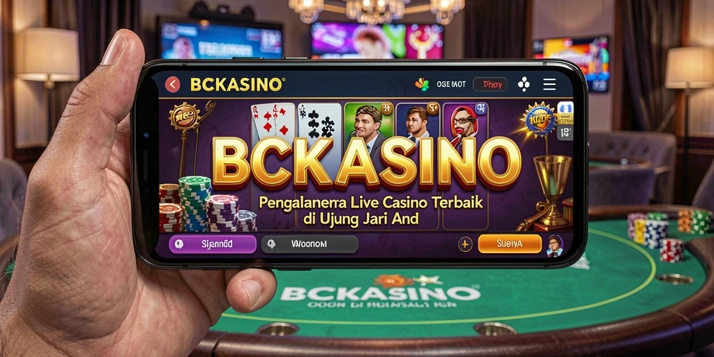 Screenshot gameplay BCKASINO menunjukkan dealer langsung dan suasana kasino yang hidup.
