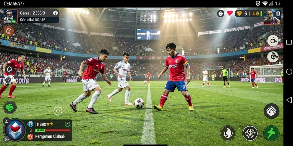 Screenshot gameplay CEMARA77 yang menunjukkan duel di lapangan sepak bola.