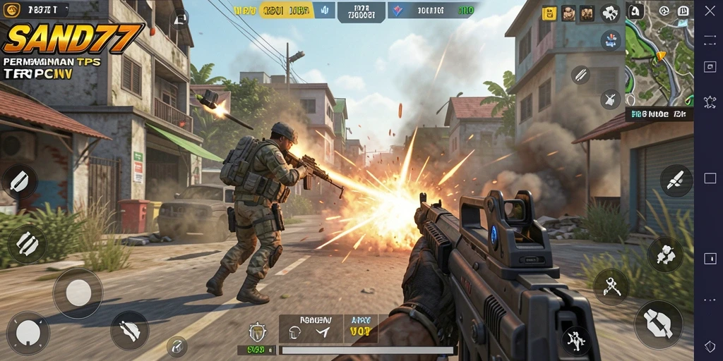 Tampilan gameplay <strong>SAND77</strong> yang menegangkan dengan aksi pertempuran penuh strategi.