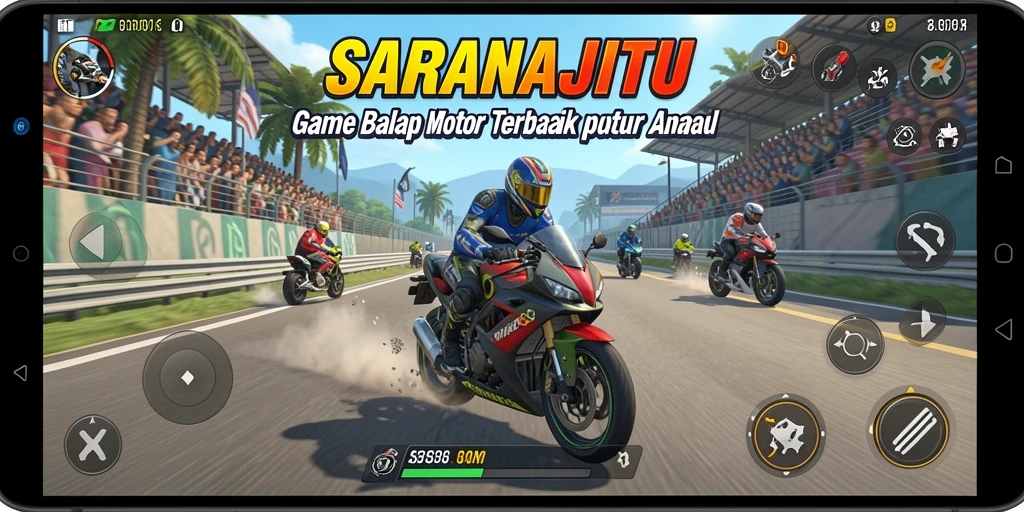 Tangkapan layar SARANAJITU dengan aksi balap motor yang mendebarkan.